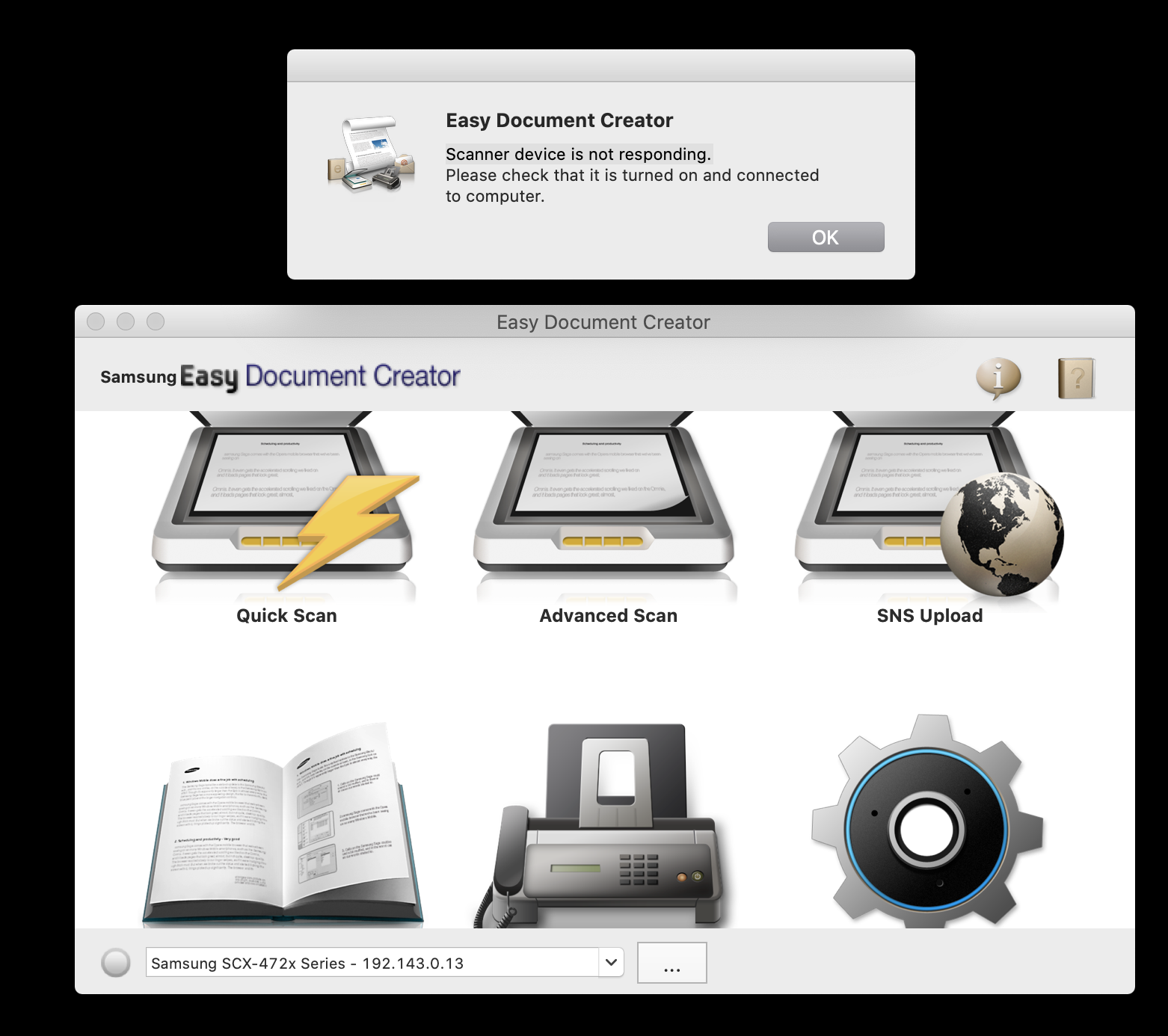 samsung easy document creator scanner not working