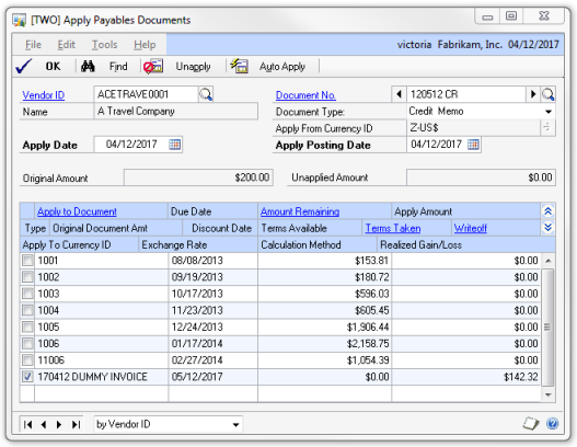 dynamics gp ap invoice applied to this credit document