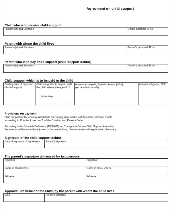how to word child support payment document