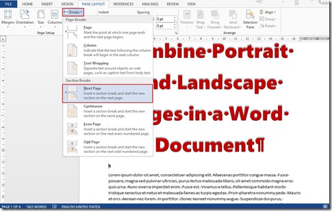 how to add landscape page in portrait document