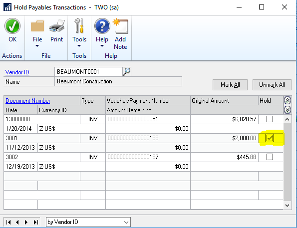 dynamics gp ap invoice applied to this credit document